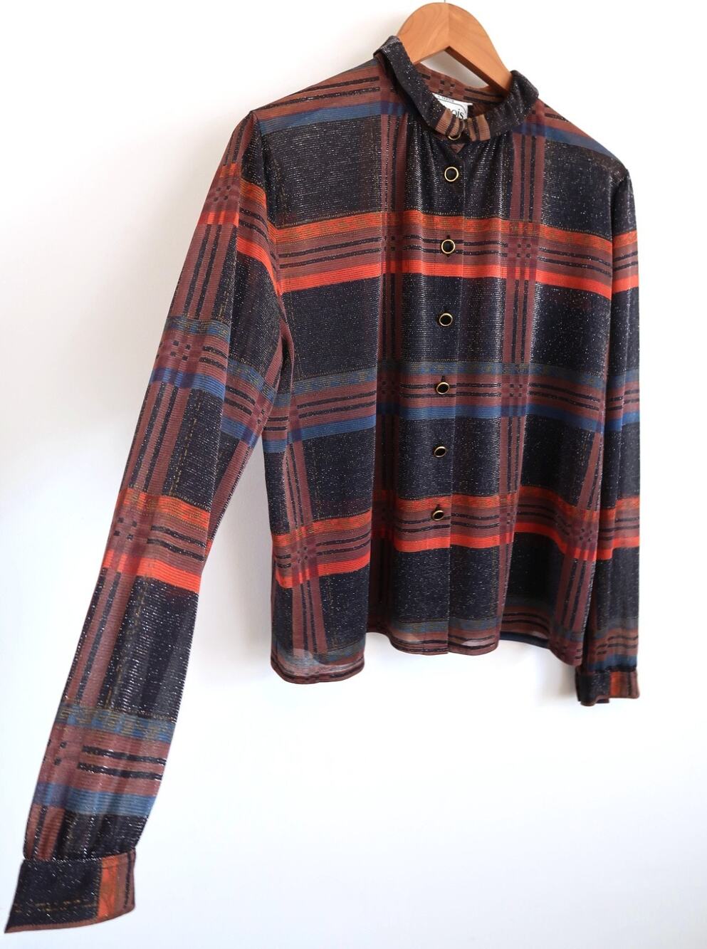 DEVERNOIS PARIS VINTAGE 1980s Shimmer Plaid Secretary Blouse Top Rare France M L